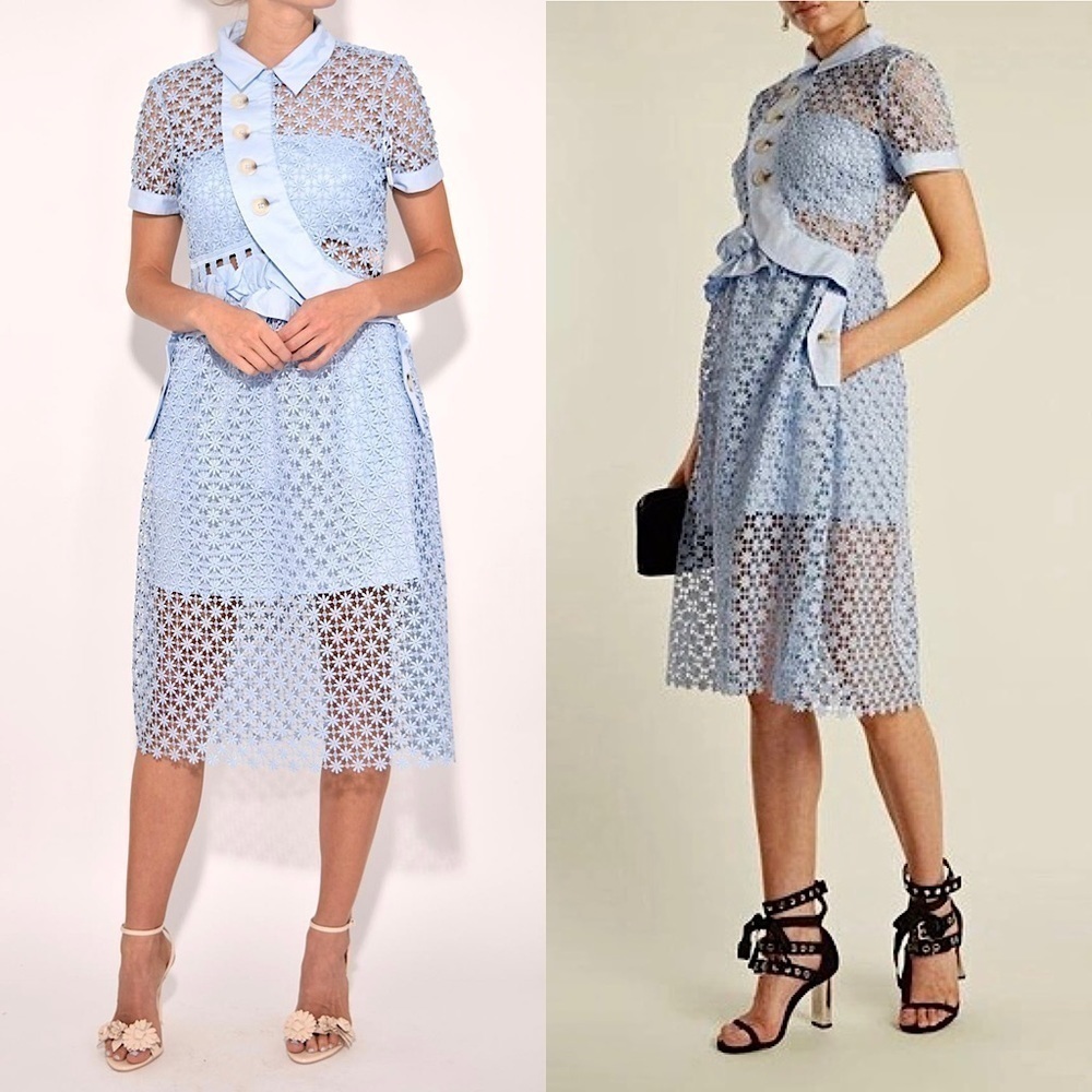 Self Portrait Daisy Guipure Lace Asymmetric Button Short Sleeve Collared Dress 2